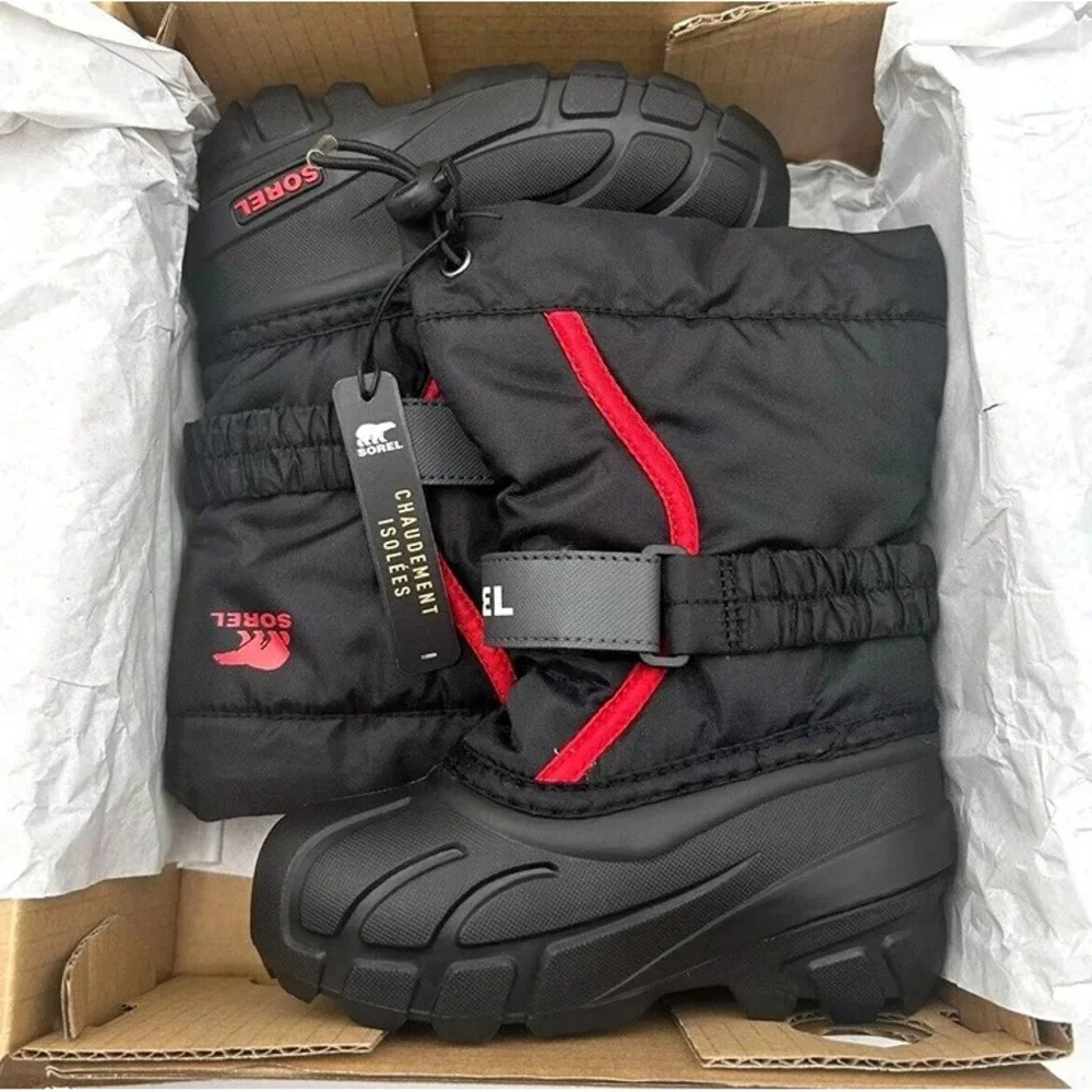Sorel Toddler Boys Winter Snow Boots Size 9 Black Red Insulated Waterproof Shoes